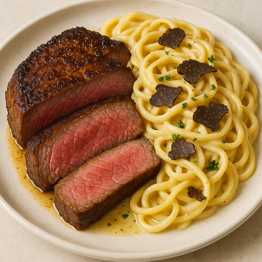 Steak and Truffle Pasta Featuring Classic Choice Ribeye Steaks