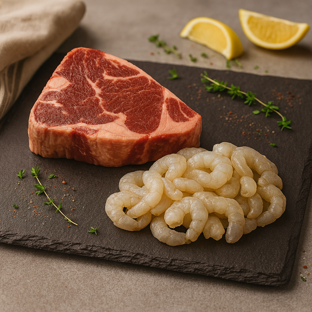 Steak and raw shrimp on a slate board with lemon wedges and herbs.